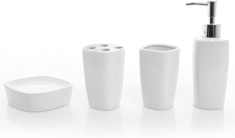 4 Piece White Ceramic Bathroom Set, Pump Soap Dispenser, Toothbrush Holder, Tumbler Cup & Soap Dish-MyGift