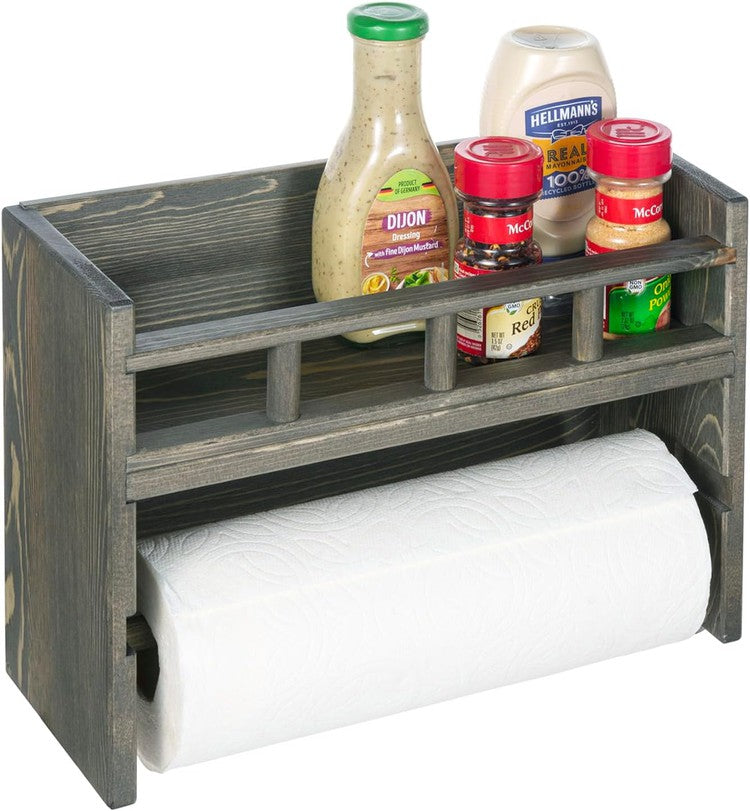 Wall Mounted Weathered Gray Wood Kitchen Paper Towel Roll Holder & Spice Jar Bottles Storage Shelf Rack Combo-MyGift