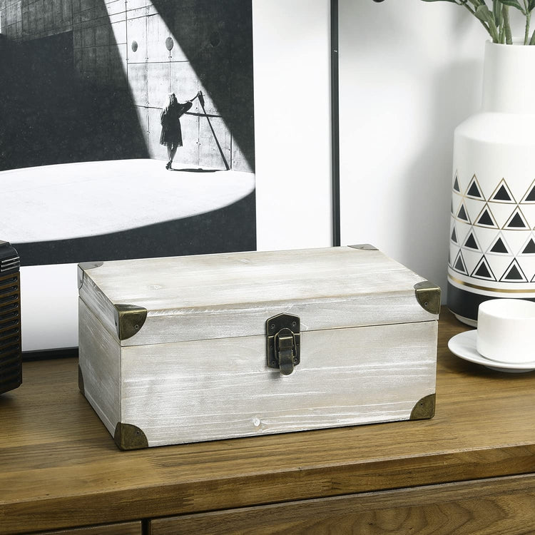 Whitewashed Brown Wood Retro Audio Cassette Tape Storage Box with Vintage Brass Metal Bracket Accents-MyGift