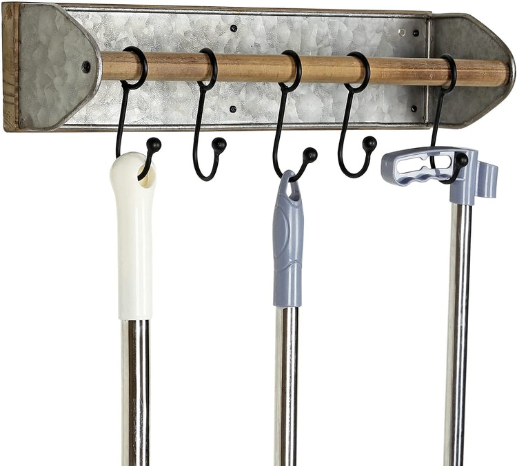 Galvanized Silver Metal and Brown Wood Wall Mounted Broom Hanger, Garden Tool Storage Rack with 5 Black Hooks-MyGift