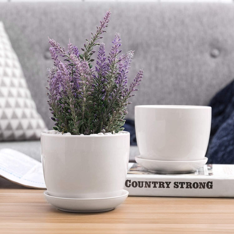 Set of 2, 4 Inch Off-White Ceramic Succulent Planter Flower Pots with Saucer-MyGift