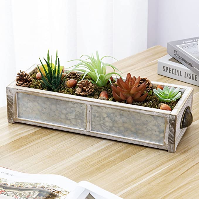Decorative Artificial Succulents, Wood and Metal Tabletop Artificial Succulent Centerpiece with Vintage Brass Tone Handles-MyGift