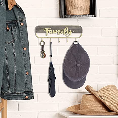 Wall Mounted Key Hooks with Family Word Cutout, Key Holder with Weathered Gray Wood and Brass Tone Metal Wire-MyGift
