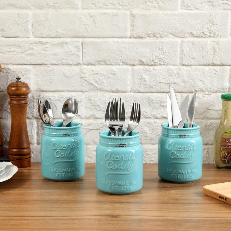 Set of 3, Aqua Ceramic Embossed Mason Jar Kitchen Utensil Flatware Caddy-MyGift