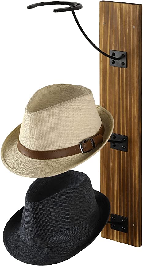 Rustic Burnt Wood Hat Rack for Wall, Hat Rack with Cast Iron Horseshoe Shaped Hanger Hooks-MyGift