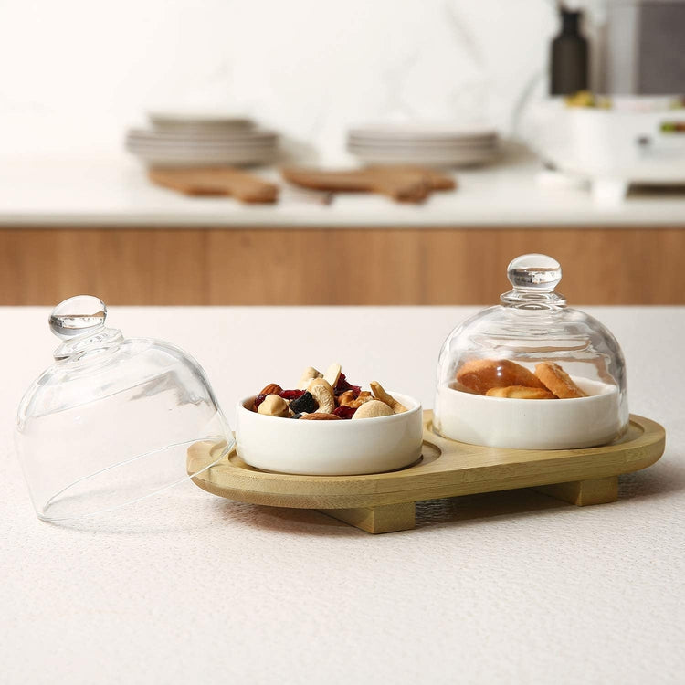 White Ceramic, 2 Bowl Condiment Servers with Mini Glass Cloche Dome Covers on a Bamboo Tabletop Display Tray-MyGift