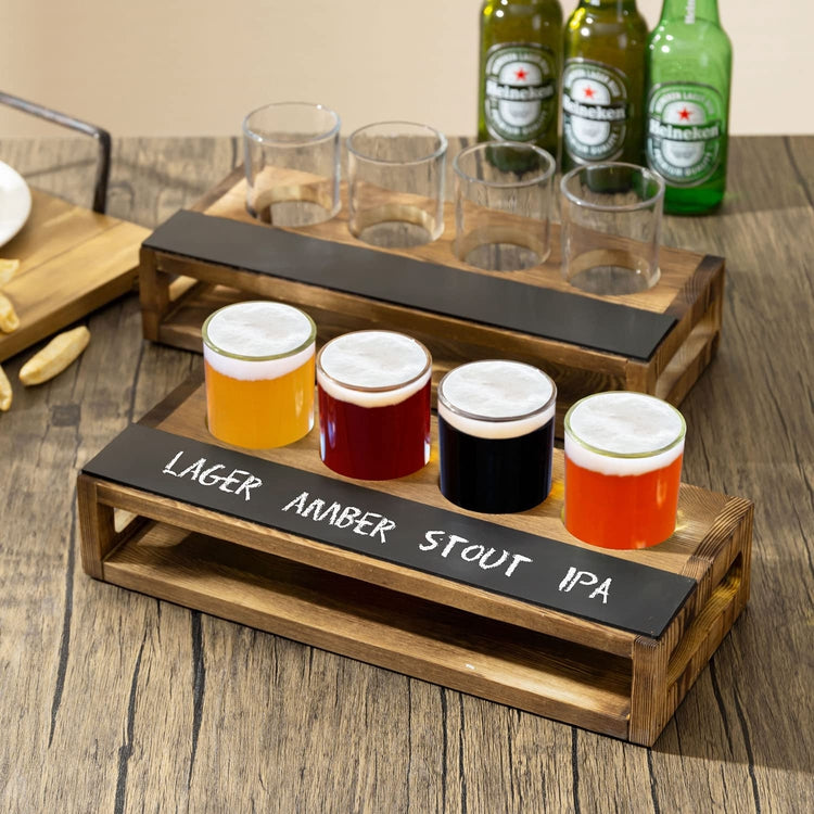 Set of 2, Dark Brown Burnt Wood Sampler Tray Beer Flight Holder Serving Set with 4 Glasses and Erasable Chalkboard Label-MyGift