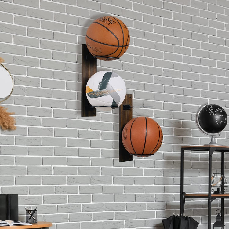 Set of 2, Burnt Wood and Round Black Metal Wall Mounted Sports Ball Holder Display Rack for Sports and Medicine Balls-MyGift