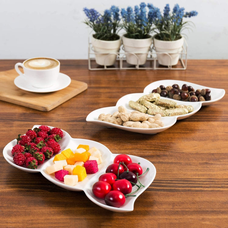 Set of 2, 3-Compartment Wave Design White Serving Tray, Ceramic Appetizer Platter-MyGift