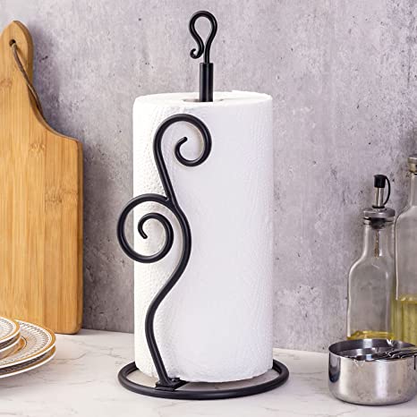 Matte Black Metal Kitchen Paper Towel Holder Dispenser Rack with Vintage Scrollwork Design-MyGift
