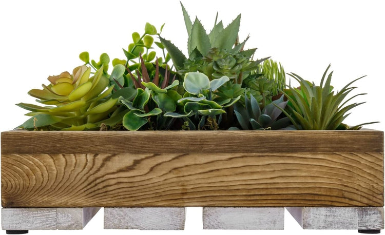 Artificial Succulent Plant Arrangement, Decorative Centerpiece in Brown and Whitewashed Wood Crate Style Planter Box-MyGift