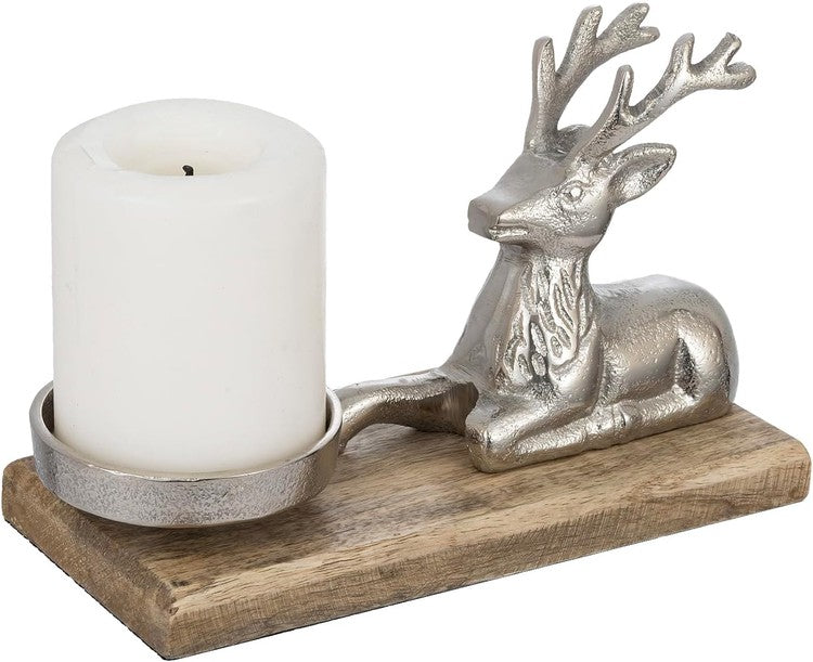 Brown Wood Candle Holder and Deer Figurine on Base for Pillar, Candle Container-MyGift