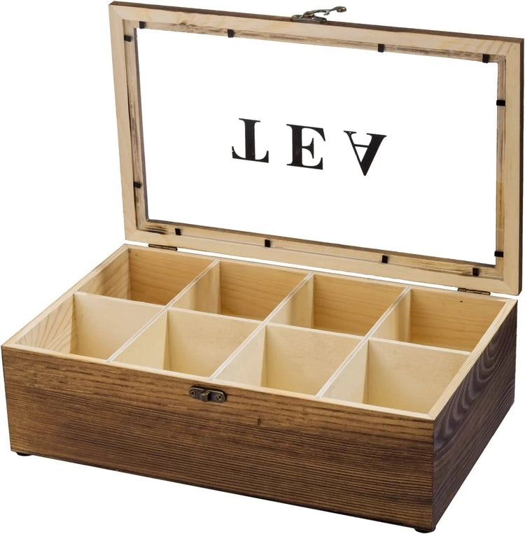 Burnt Brown Wood Tea Bag Organizer Box, Teabag Storage Chest with TEA Lettering on Clear Lid and Vintage Style Latch-MyGift