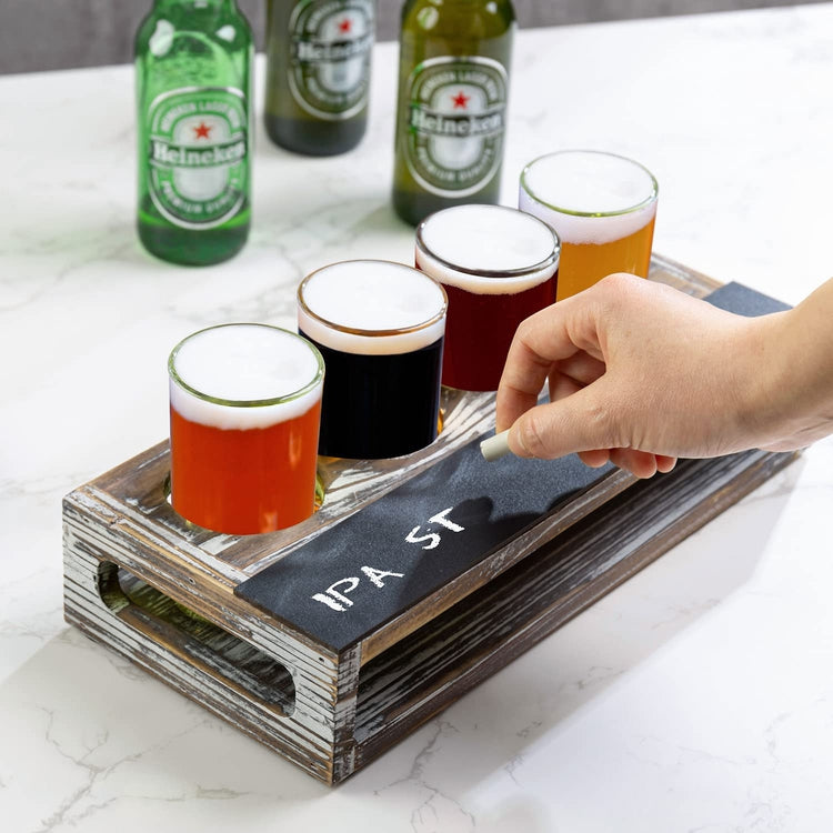 Torched Wood Beer Flight Board with Glasses, Wood Tasting Sampler Tray with Beer Glasses and Erasable Chalkboard Label-MyGift