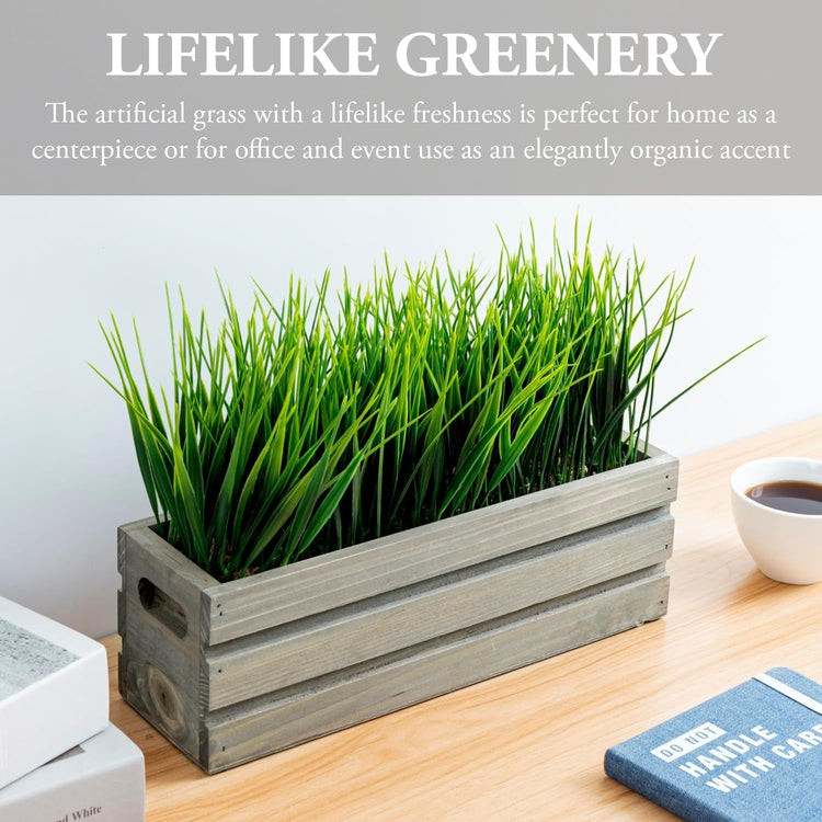 Artificial Green Grass Plant in Gray Brown Solid Wood Planter Box, Rectangular Plant Container-MyGift