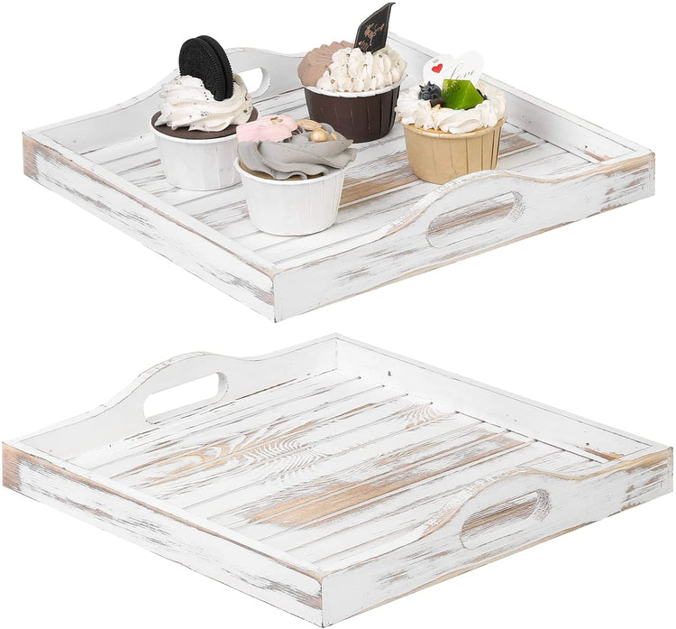Set of 2, Whitewashed Wood Large Serving Tray with Handles, 11 X 11 Square Slatted Breakfast Ottoman Coffee Table Tray-MyGift
