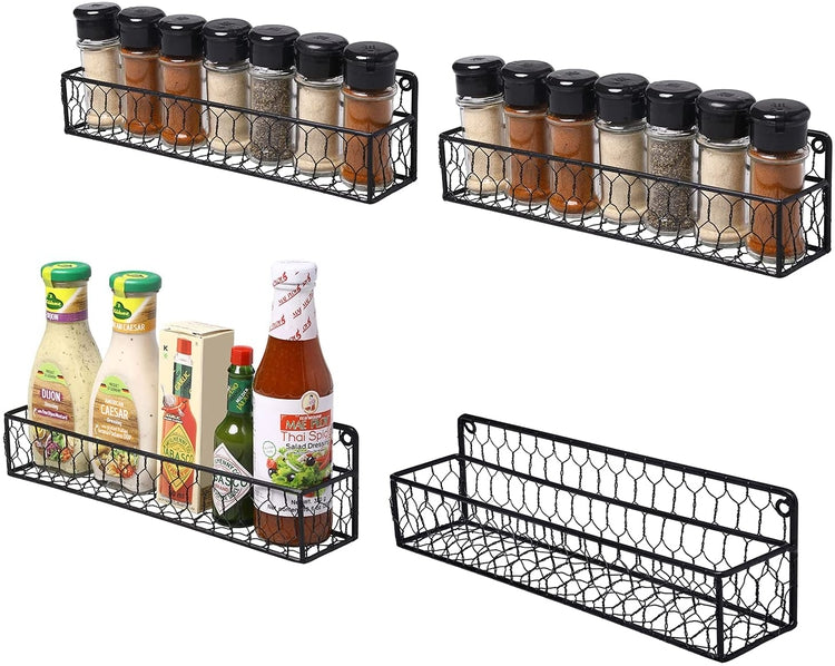 Set of 4, 12-inch Black Chicken Wire Wall Mounted Spice Rack, Kitchen Storage Shelves-MyGift