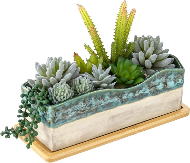 Artificial Assorted Succulent Arrangement in Rectangular Glazed Ceramic Window Box Planter with Removable Bamboo Tray-MyGift
