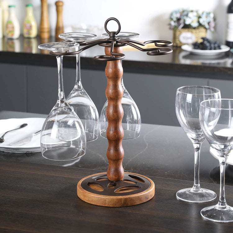 MyGift Countertop Wine Glass Stemware Holder Stand with Industrial Black Metal Double Racks and Wooden Base