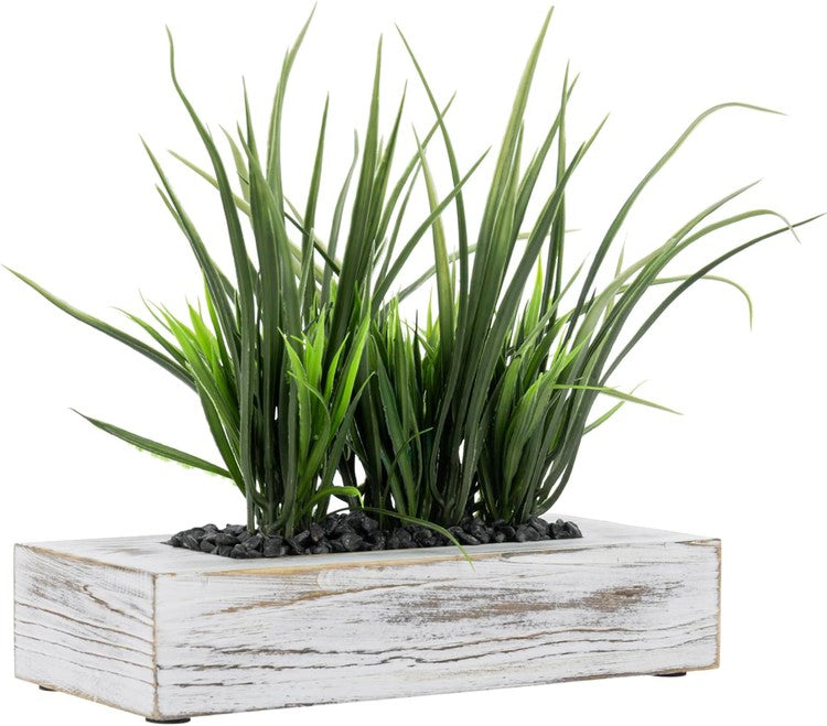 9.5 Inch Artificial Green Grass Plants in Whitewashed Weathered Wood Rectangular Planter, Faux Greenery Centerpiece-MyGift