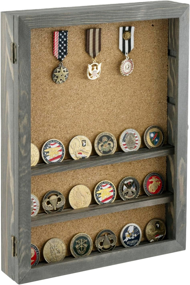 Gray Solid Wood Challenge Coin Display Case, Wall Mounted Hanging Shadow Box-MyGift