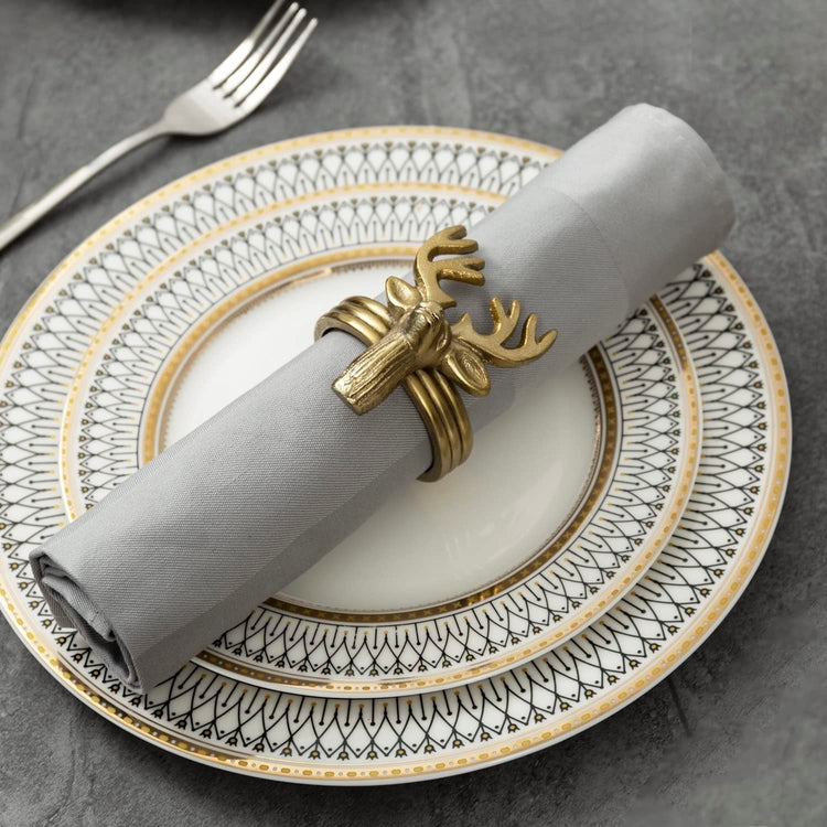 Set of 4, Deer Head Napkin Rings, Brass Tone Cast Aluminum Napkin Holders with Deer Design, Elk Cloth Serviette Holders-MyGift