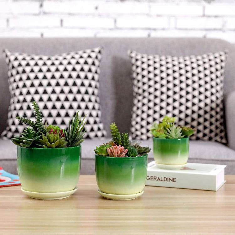 Set of 3 Round Green and Yellow Glazed Ceramic Flower Planter Pots with Attached Saucers-MyGift