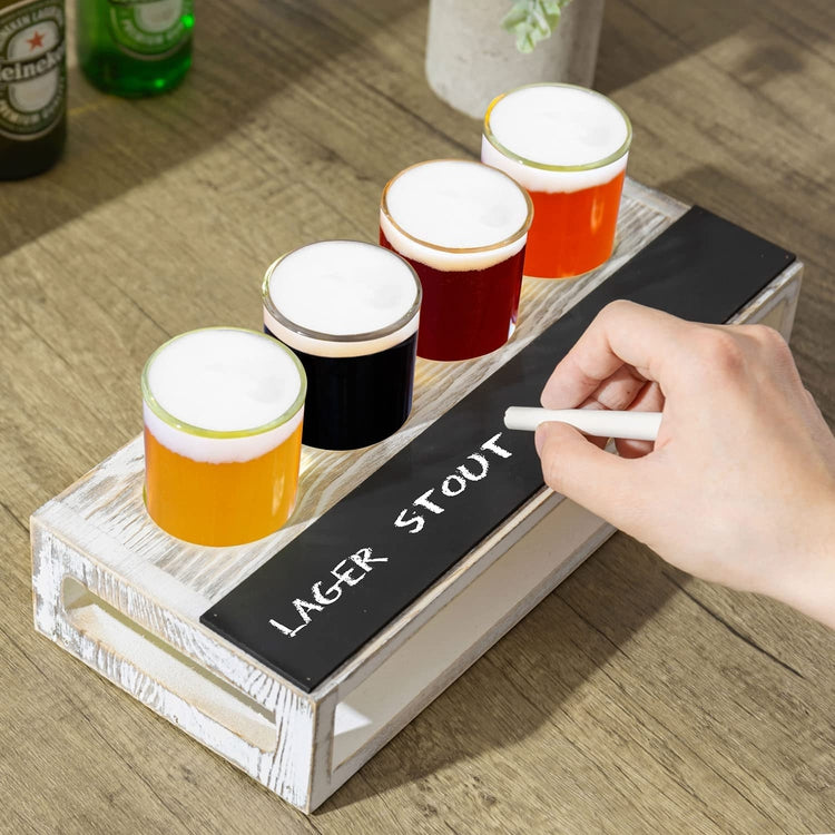 Whitewashed Solid Wood Beer Flight Holder Sampler Tasting Tray Serving Set with 4 Glasses and Erasable Chalkboard Label-MyGift