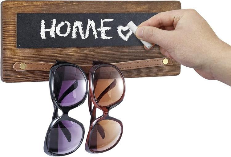 Burnt Wood Wall Mounted Chalkboard and Sunglasses Holder Rack with Brown Leatherette Hanging Rail-MyGift