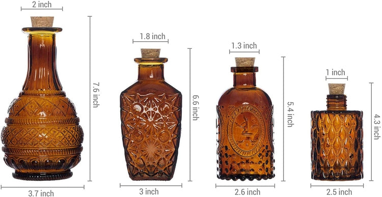 Set of 4, Embossed Amber Glass Decorative Reed Diffusers with Cork Lids, Small Apothecary Style Flower Bud Vases-MyGift