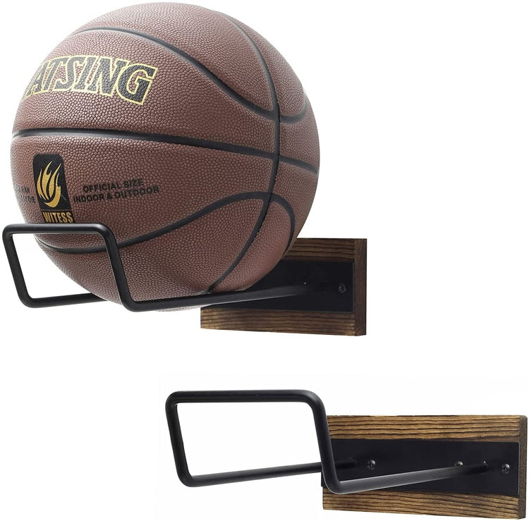 Set of 2, Black Metal and Burnt Wood Wall Mounted Sports and Exercise Ball Storage Rack-MyGift