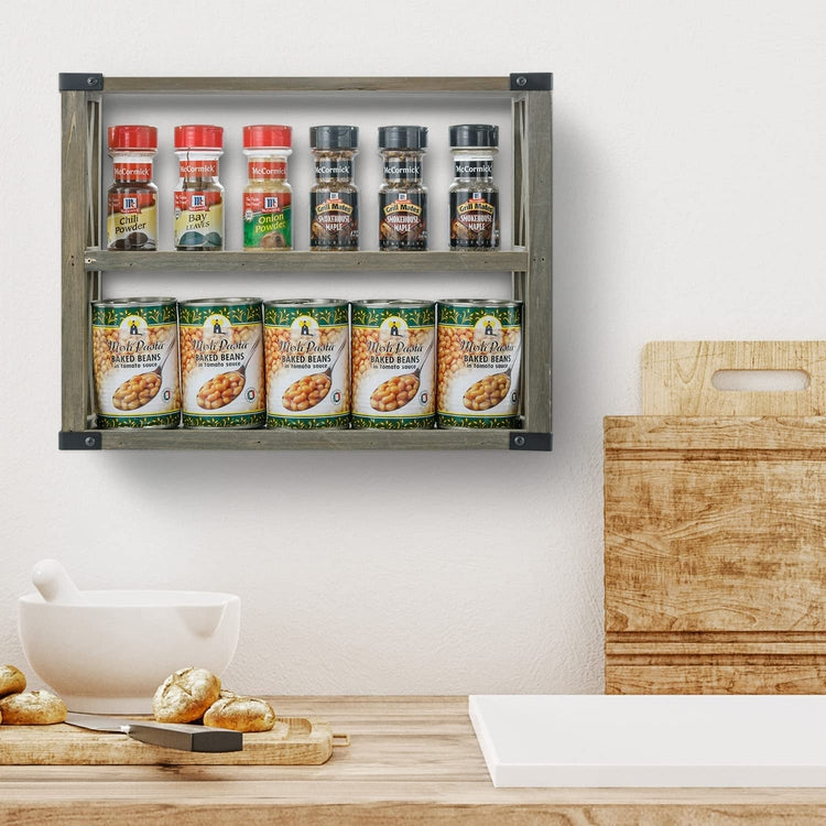 Wall Mounted Kitchen Open Shelving, 3 Tier X-Cross Gray Brown Wood Floating Shelves with Black Metal Corner Wraps-MyGift