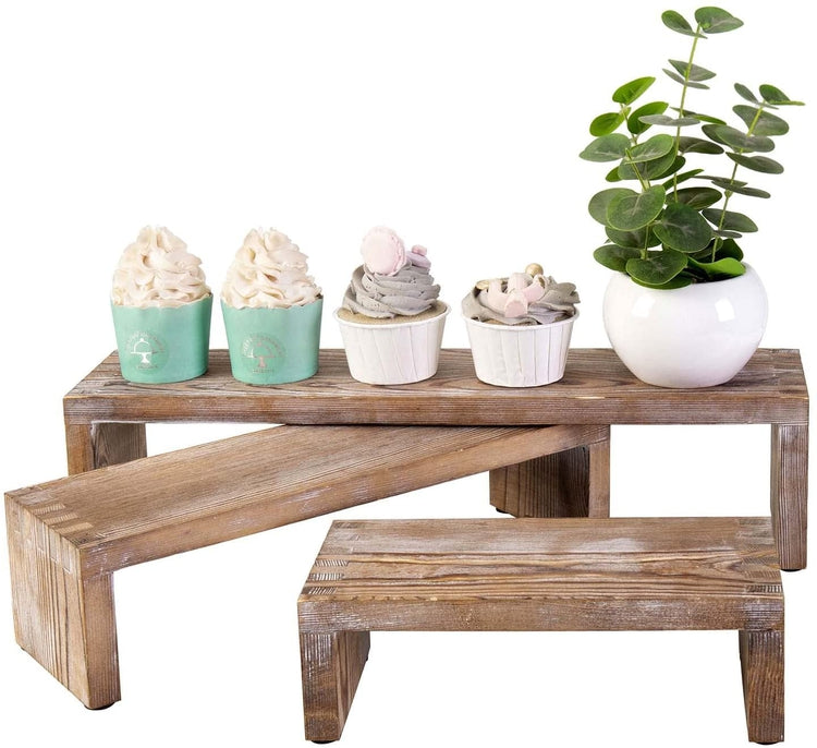 Set of 3, Brown Wood 3-Tier Collectibles Figurine Display Risers, U Shaped Floating Shelf-MyGift