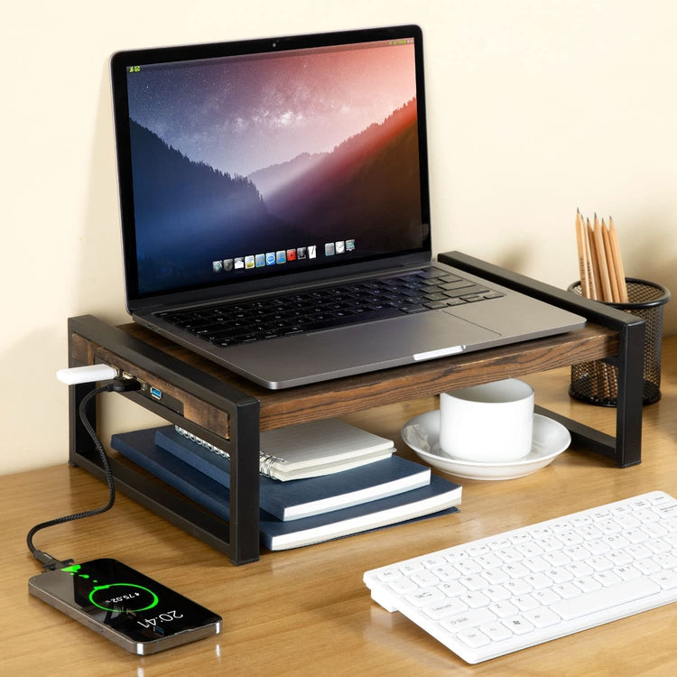 USB Enabled Monitor Stand Riser, Burnt Wood and Black Metal Ergonomic Desktop Workstation with USB 2.0 & USB 3.0 Ports-MyGift