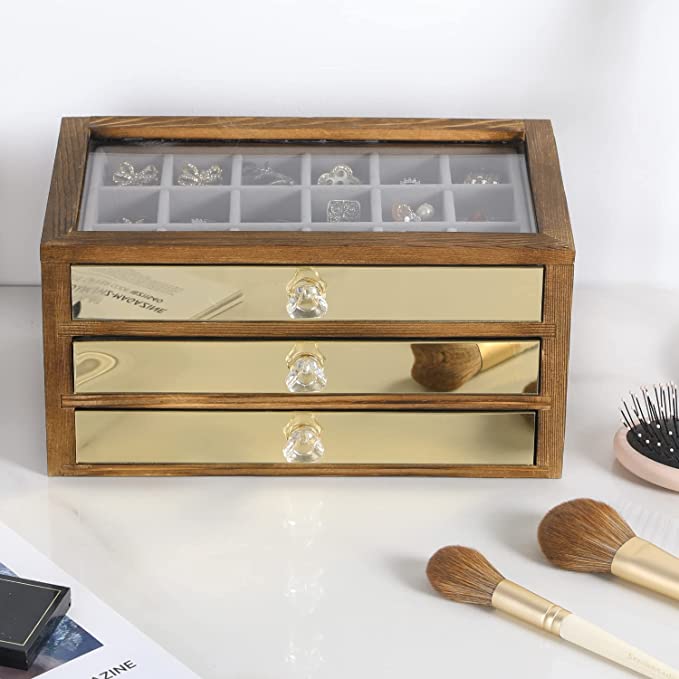 Jewelry Box with Brass Paneled Drawer, Wood Jewelry Storage Chest with 3 Velvet Lined Drawers-MyGift