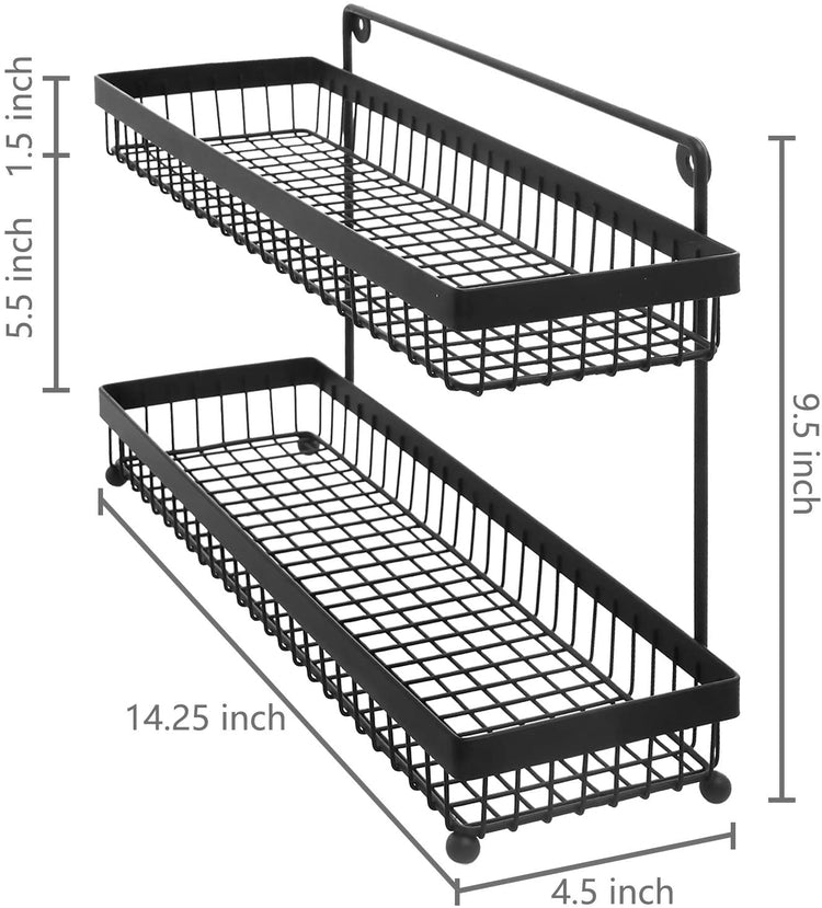Black Metal Wall Mountable Kitchen Spice Rack, 14-Inch, 2-Tier Wire Countertop Storage Shelves-MyGift