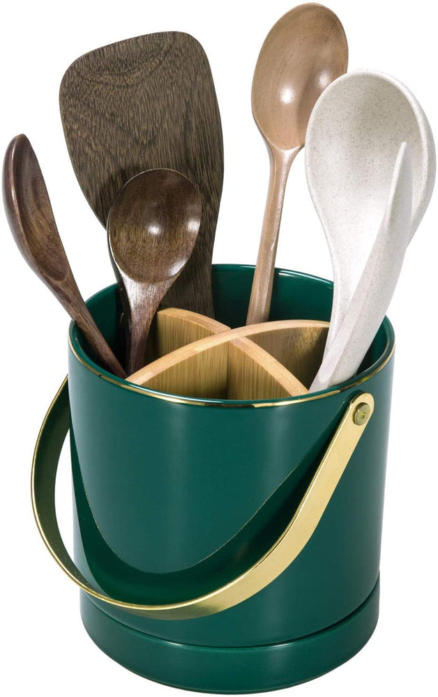 Modern Emerald Green Ceramic Utensil Flatware Server Caddy with Bamboo Divider and Brass Tone Handle-MyGift
