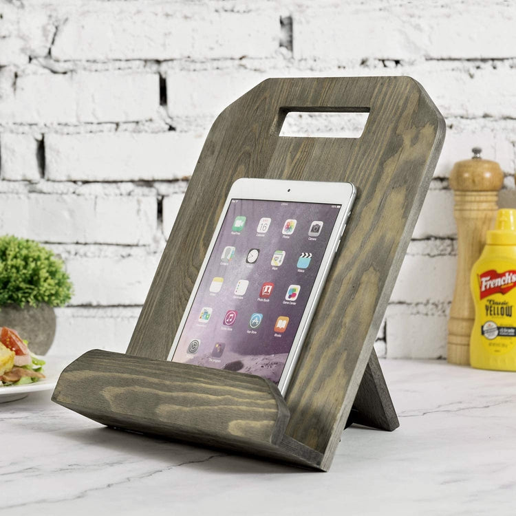Vintage Gray Solid Wood Cookbook Recipe Holder Stand with Kickstand-MyGift