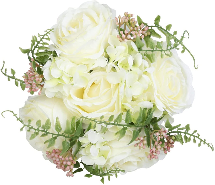 Artificial Roses Fake Flowers Bouquet with Green Tinted, Gold Rimmed Glass Vase-MyGift
