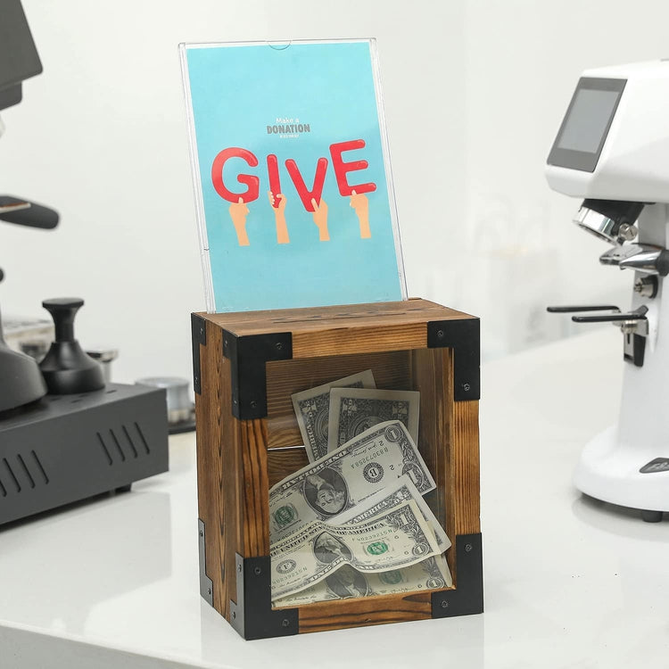 Torched Wood Suggestion Box, Donation and Tip Box with Key, Window Panel and Interchangeable Chalkboard and Sign Holder-MyGift