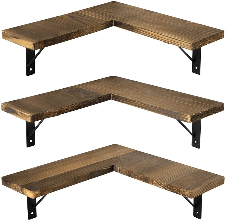 Set of 3 Rustic Burnt Wood & Black Metal Corner Display Shelves-MyGift
