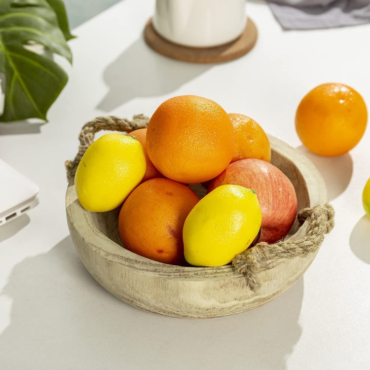 Handmade Paulownia Wood Decorative Round Fruit Bowl with Rope Handles, Serving Bowl Tabletop Home Décor-MyGift