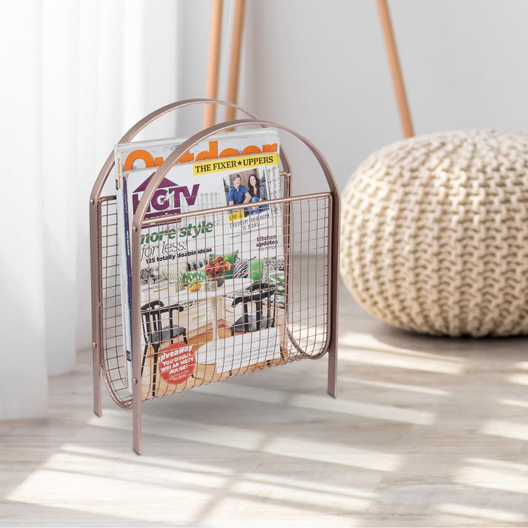 Freestanding Rose Gold Tone Metal Wire Mesh Magazine Rack, Magazine and Newspaper Basket Holder-MyGift
