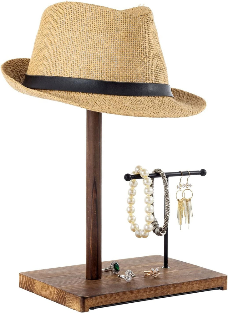Burnt Wood Hat Rack with Black Metal Wire Jewelry Stand, Tabletop Vanity Display for Watches, Bracelets, Earrings-MyGift