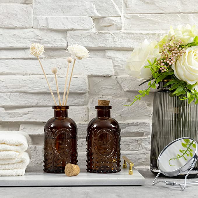Set of 2 Amber Glass Diffuser Bottles with Cork Lid, Decorative Apothecary Embossed Flower Bud Vase-MyGift