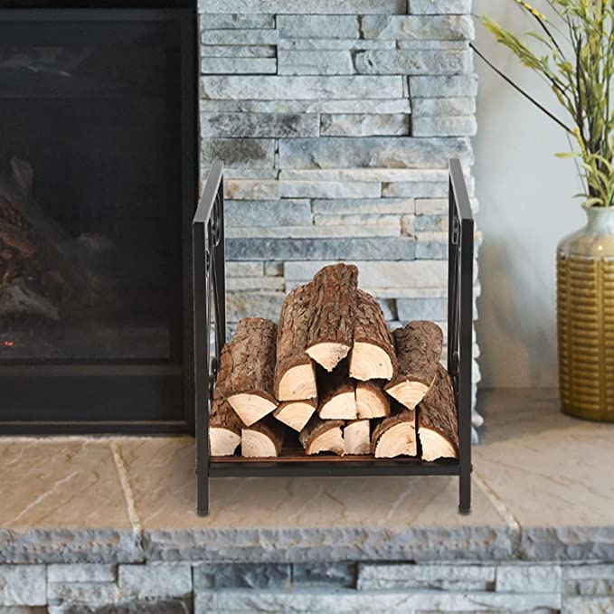 Firewood Rack Fireplace Log Holder, Matte Black Metal & Burnt Solid Wood Freestanding Stacking Lumber Stand-MyGift