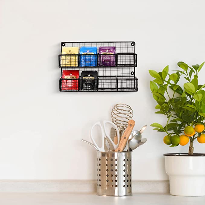 Wall Mounted Tea Rack Wall Mounted Rustic Matte Black Metal Mesh Wire Tea Bag Organizer Rack ...