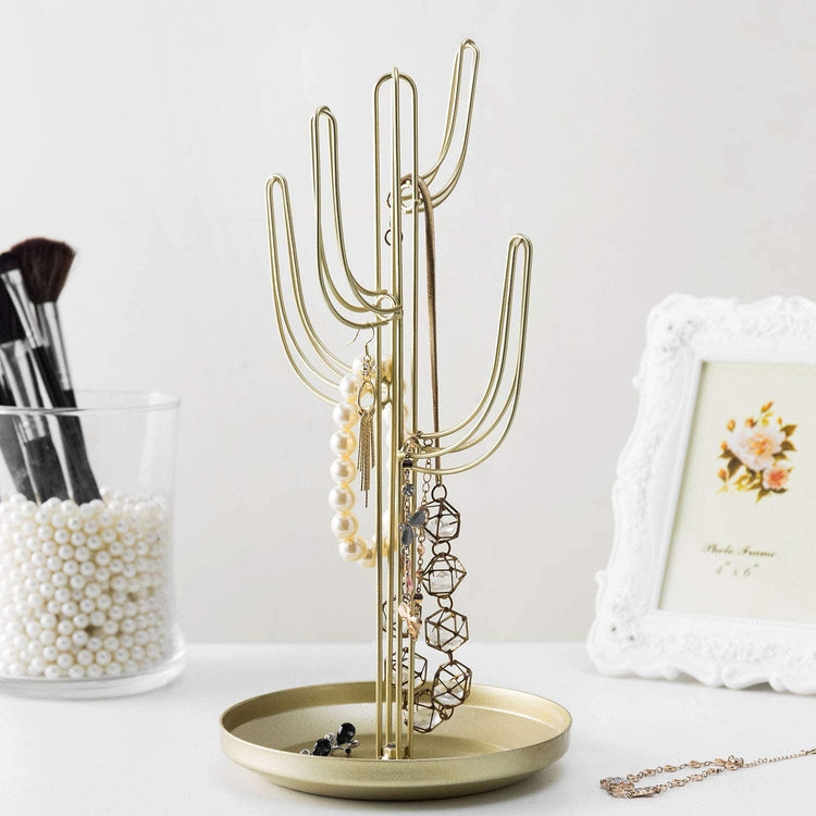 Gold Metal Jewelry Tower Rack with Ring Tray, Cactus-Shaped