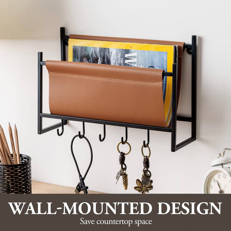 Industrial Black Metal Hanging Magazine Rack with Leatherette Sling, Wall Mounted Entryway Mail Holder and Key Hanger-MyGift