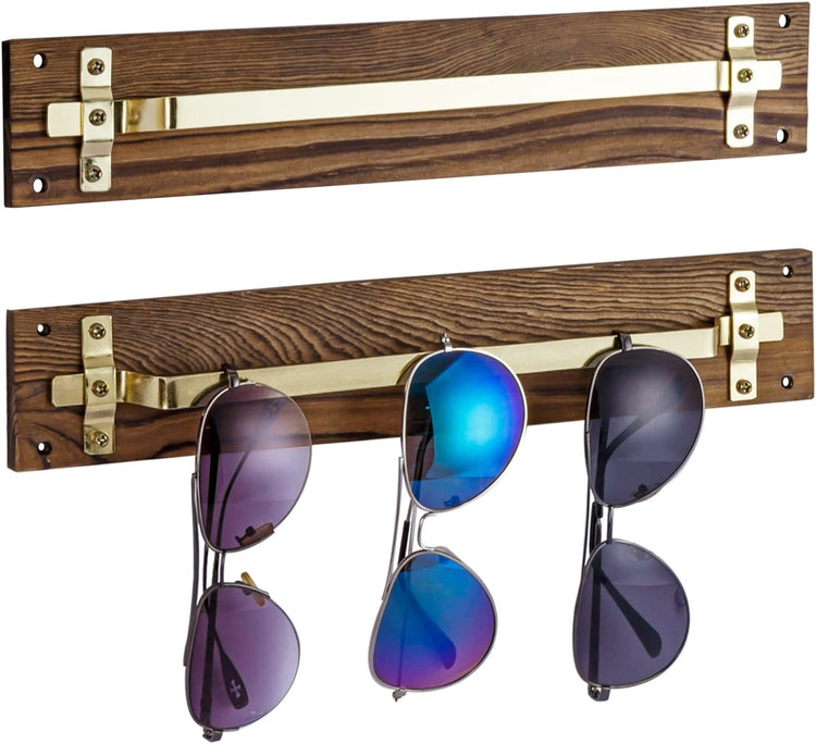 Set of 2, Burnt Wood and Brass Metal Wall Mounted Sunglasses Holder Hanger Display Organizer Rack-MyGift